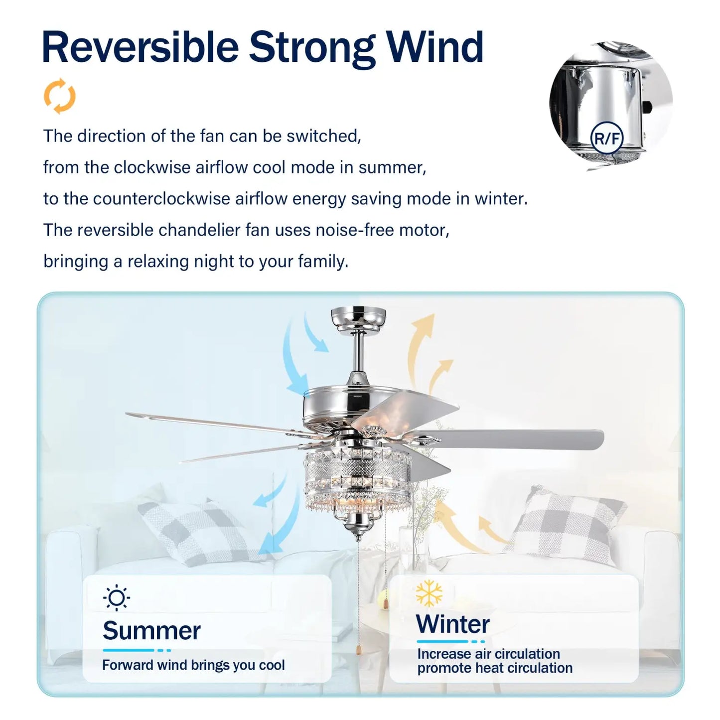 Crystal Ceiling Fan with 5 Reversible Blades and LED Chandelier - Chrome - 12V Hanging Light