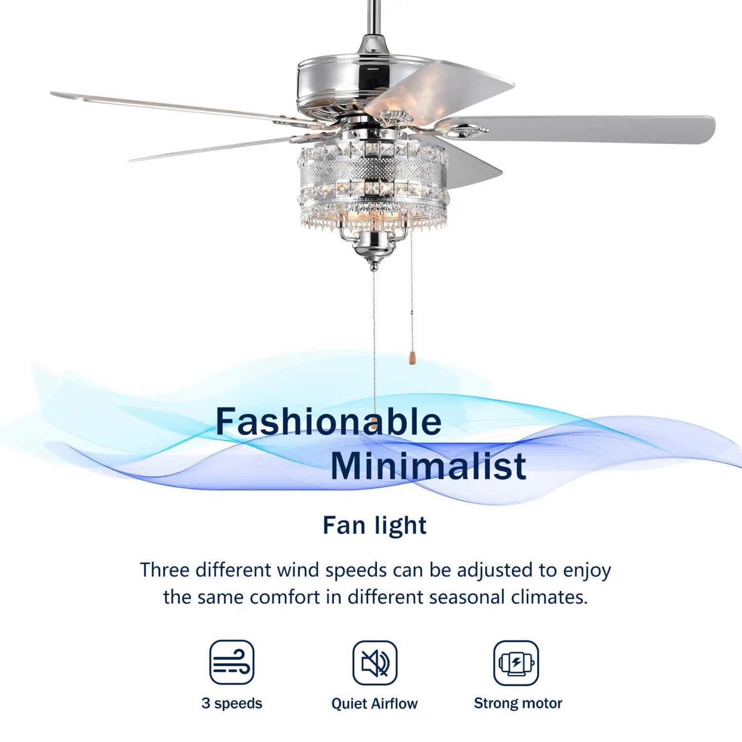 Crystal Ceiling Fan with 5 Reversible Blades and LED Chandelier - Chrome - 12V Hanging Light