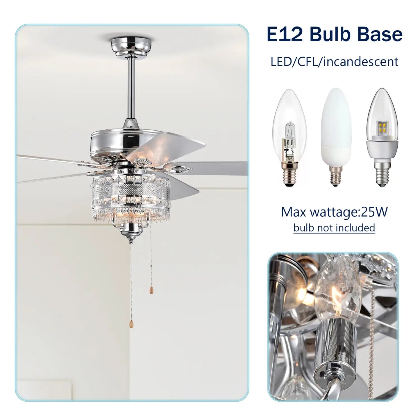 Crystal Ceiling Fan with 5 Reversible Blades and LED Chandelier - Chrome - 12V Hanging Light