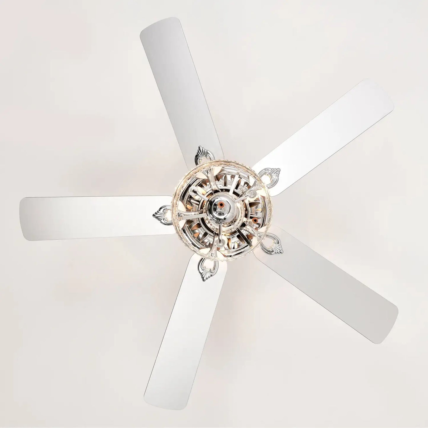 Crystal Ceiling Fan with 5 Reversible Blades and LED Chandelier - Chrome - 12V Hanging Light