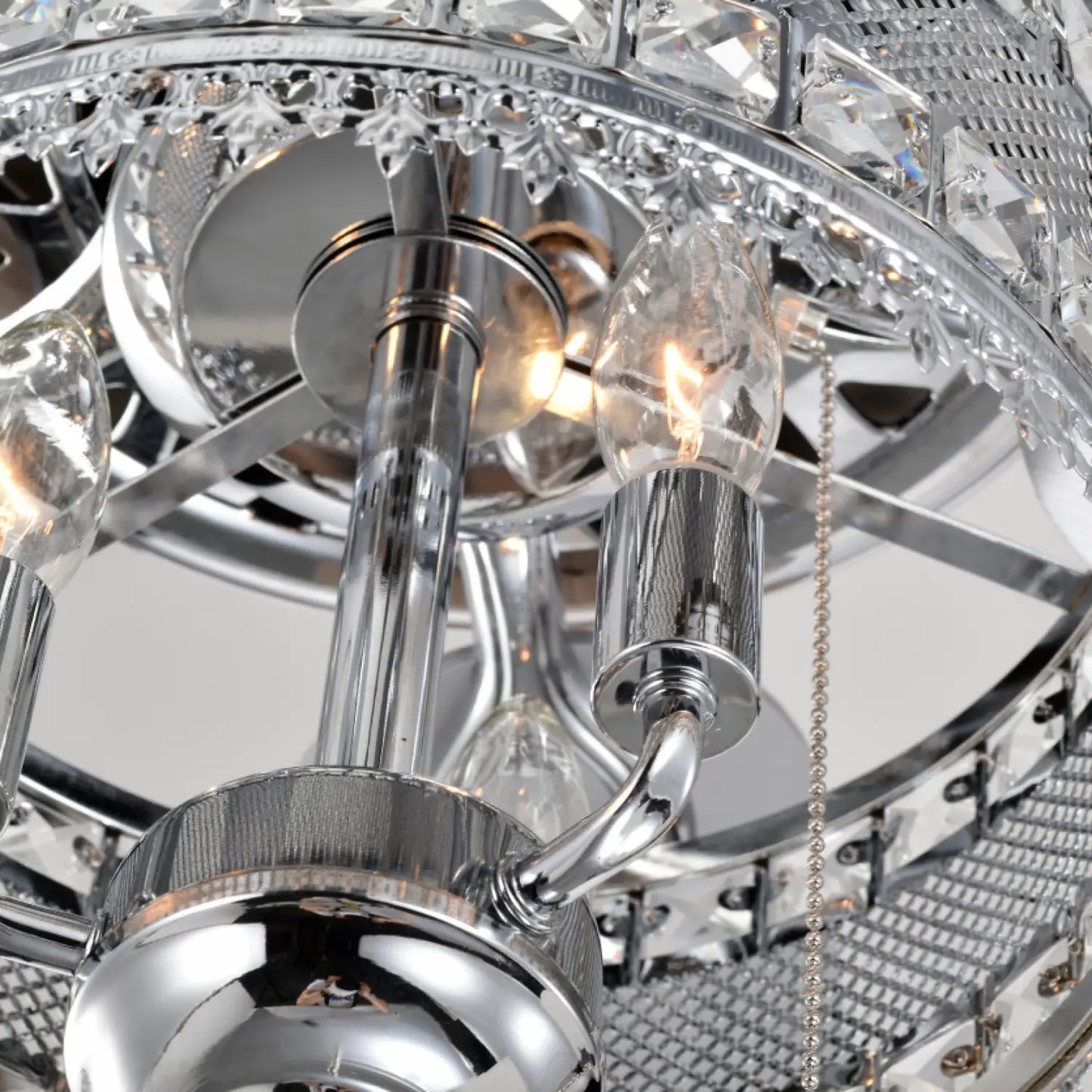 Crystal Ceiling Fan with 5 Reversible Blades and LED Chandelier - Chrome - 12V Hanging Light