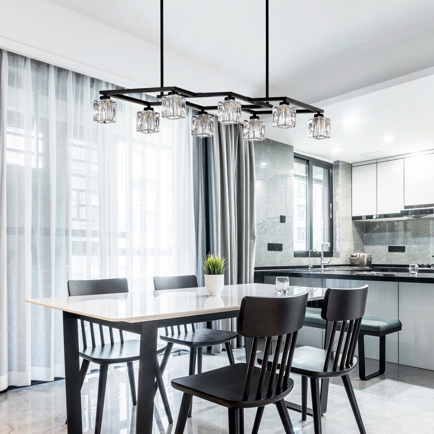 Crystal Chandelier for Dining Room with 8 Light for Modern Farmhouse Design Matte Black 12V Hanging Light