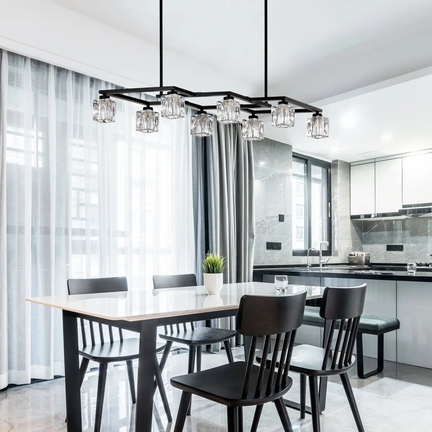 Crystal Chandelier for Dining Room with 8 Light for Modern Farmhouse Design Matte Black 12V Hanging Light