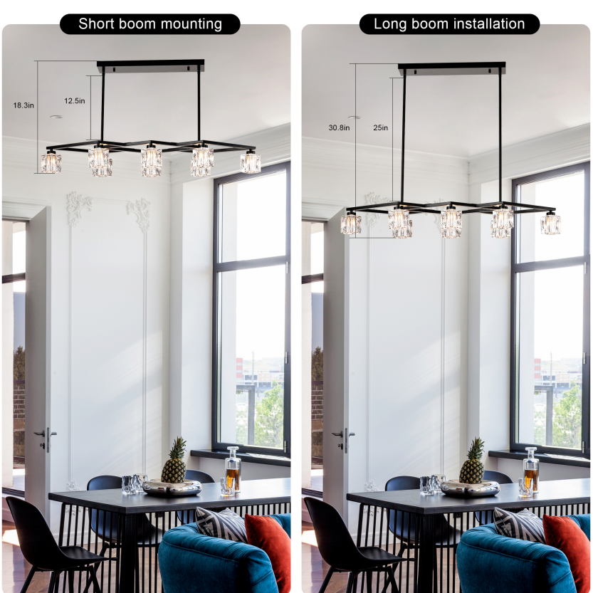 Crystal Chandelier for Dining Room with 8 Light for Modern Farmhouse Design Matte Black 12V Hanging Light