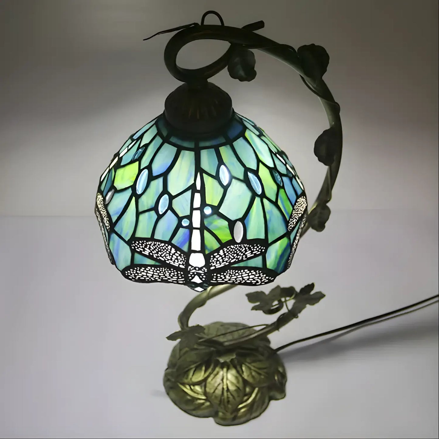 Dragonfly Metal Leaf Tiffany Glass Tabletop Lamp - No Bulb - Table Lamp