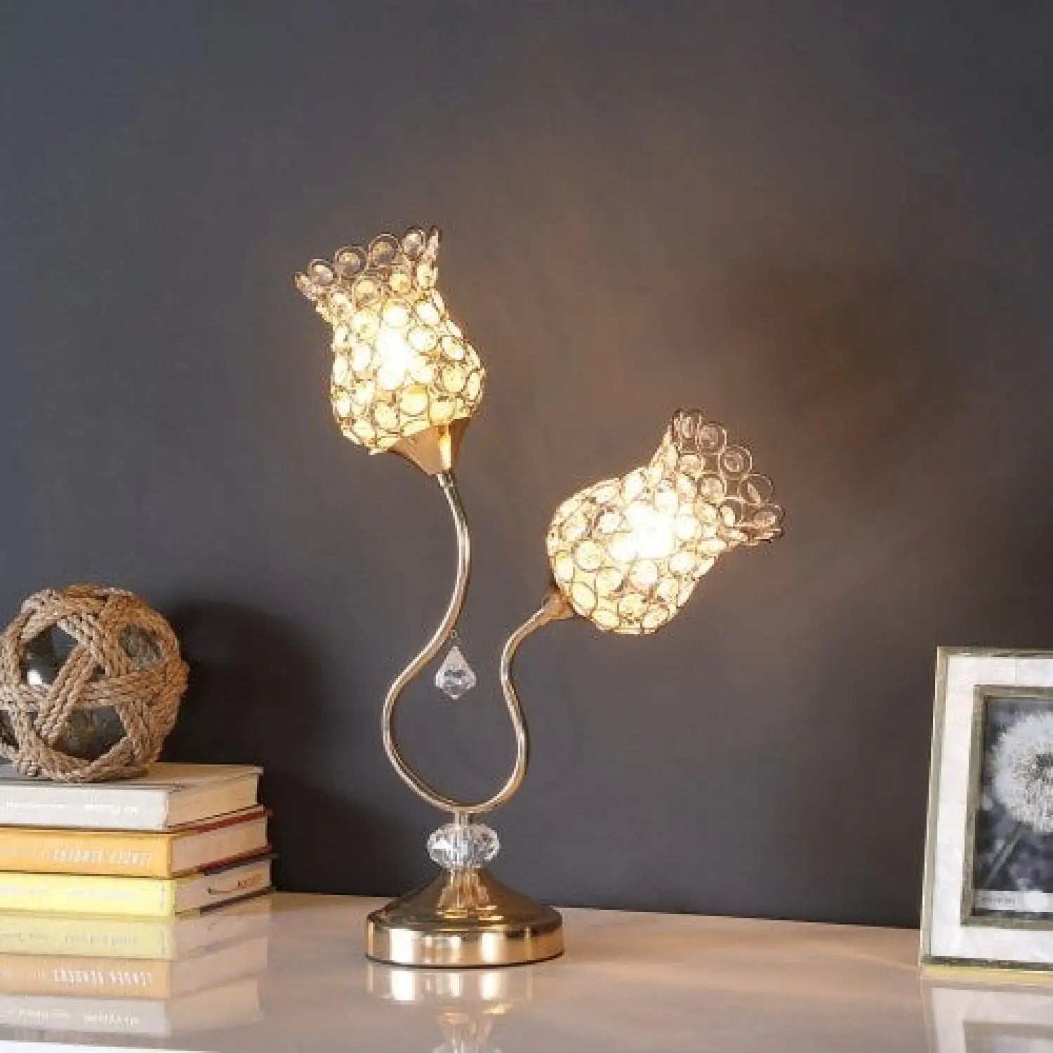 Dual Flower Design Table Lamp for Reading and Home Style - Rose Gold - Table Lamp