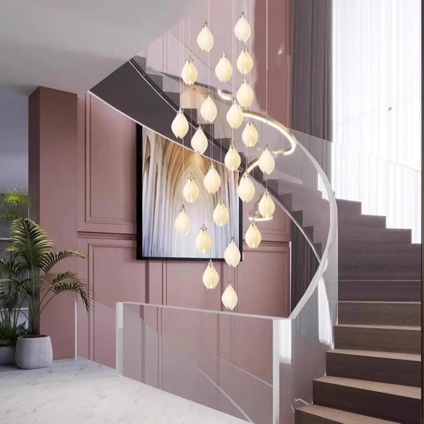 Nordic Minimalist Ceramic Magnolia Dining Room Bedroom Bedside Staircase Petal Chandelier - Tri color dimming / Ceramic