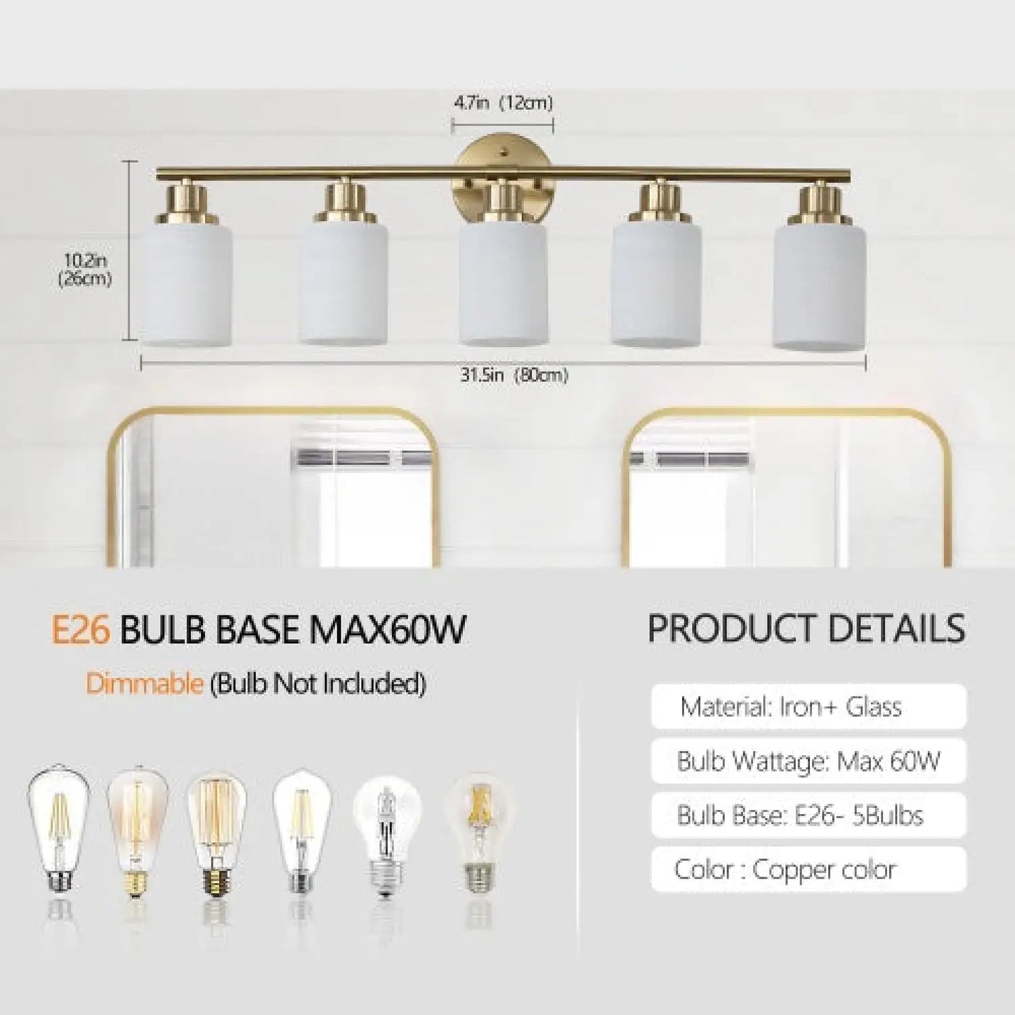 Elegant Vanity Lights for Bathroom in Gold with 5 Lights Fixture - Golden - 12V Hanging Light