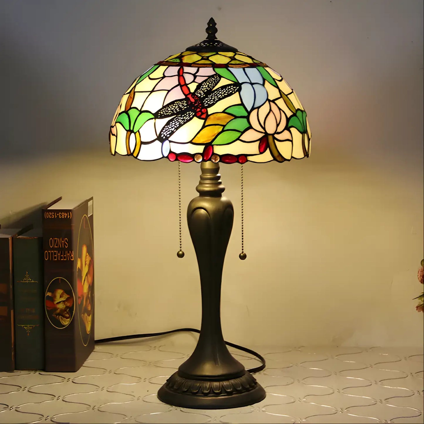 European Dragonfly Tiffany Glass Tabletop Lamp - No Bulb - Table Lamp