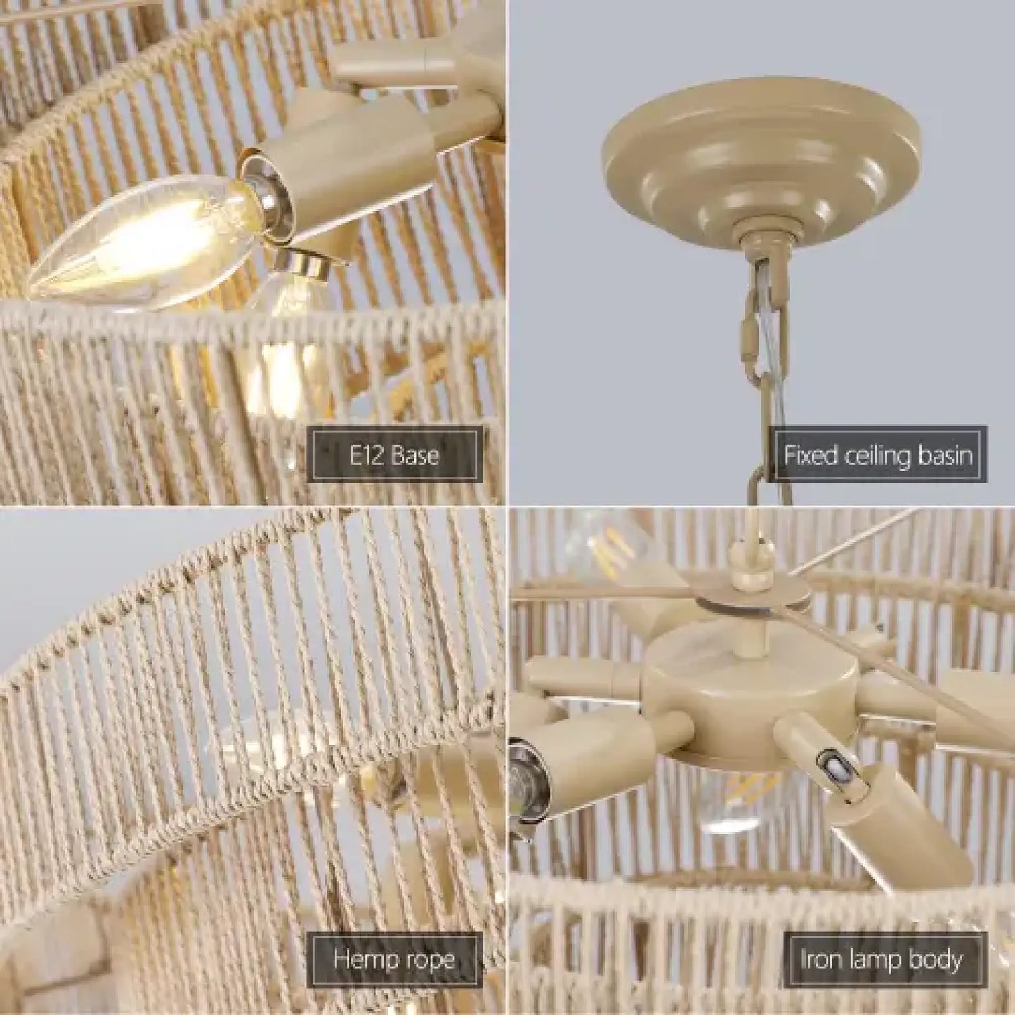 Farmhouse Rattan Pendant Chandelier Lighting with 4 Layer Woven Design Wood 12V Hanging Light