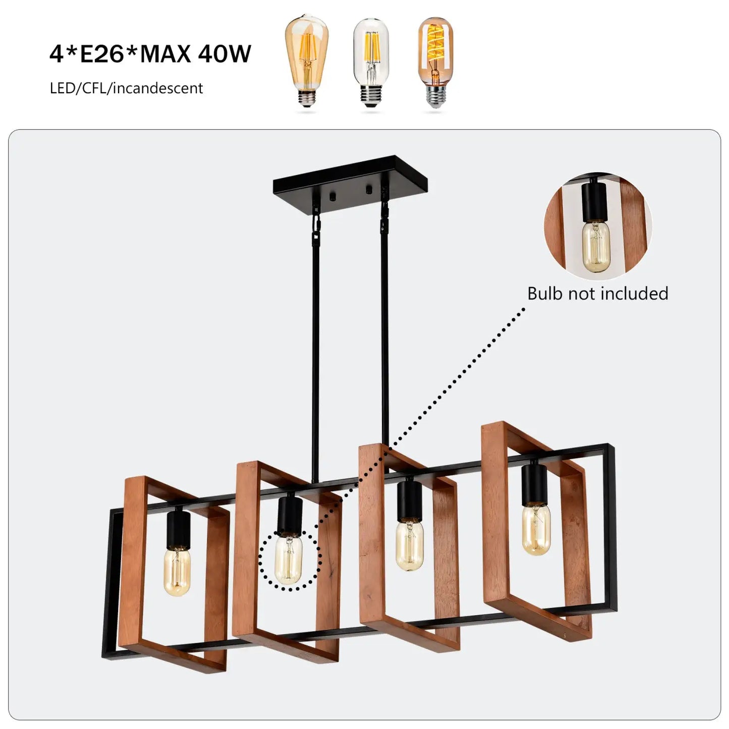 4 Light Kitchen Island Lights Pendant Light Farmhouse Dining Room Light Fixture Rustic Wood And Black Metal Rectangular