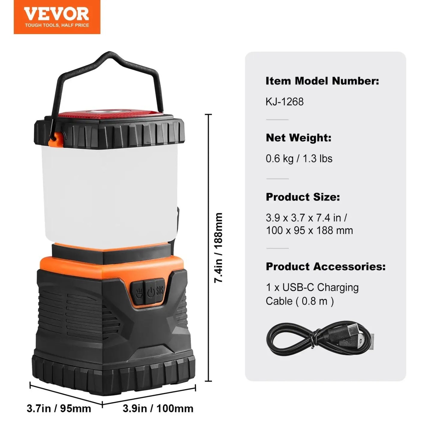 Lantern Light 1000 Lumen LED Rechargeable with Power Bank 4400mAh - Black - 12V Hanging Light