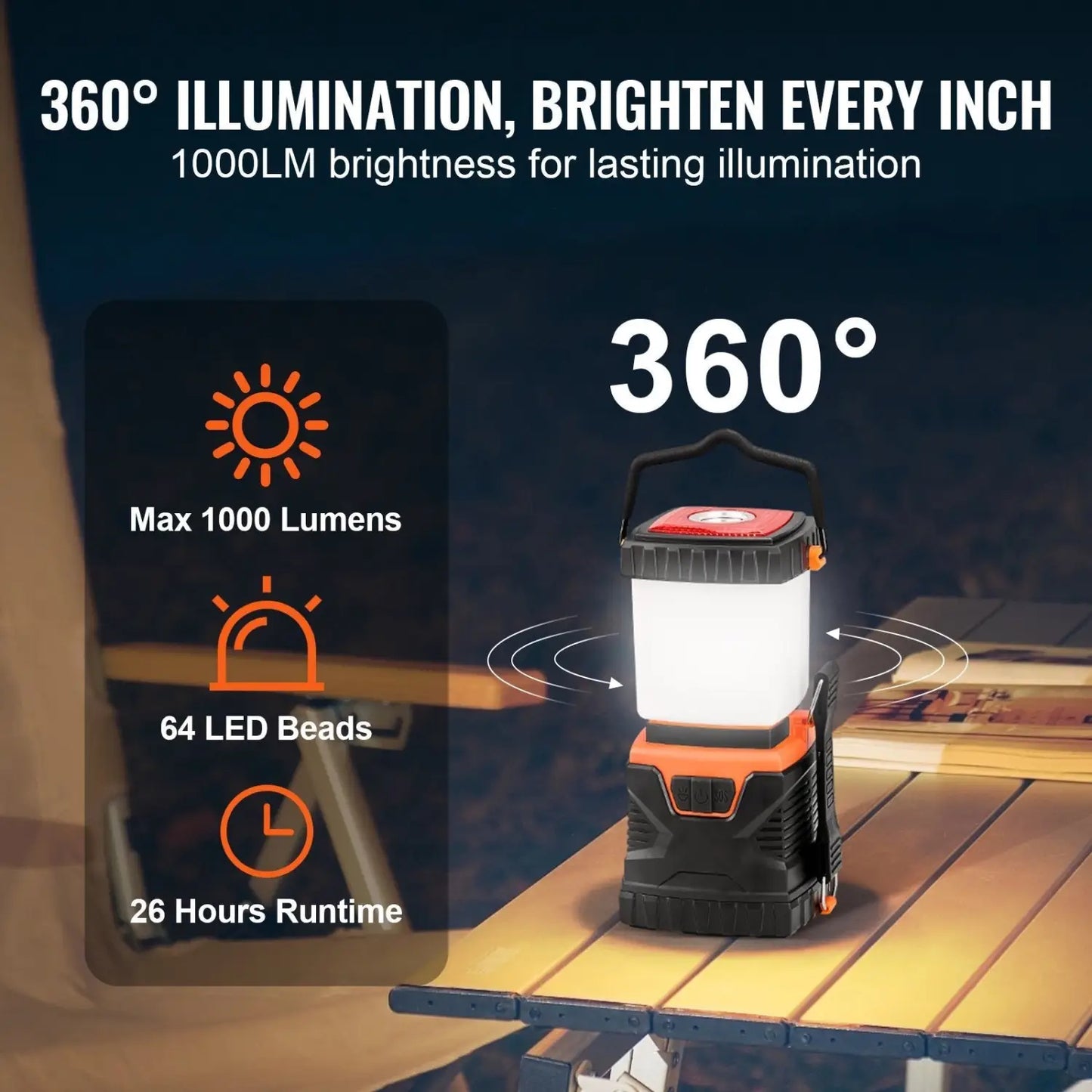 Lantern Light 1000 Lumen LED Rechargeable with Power Bank 4400mAh - Black - 12V Hanging Light