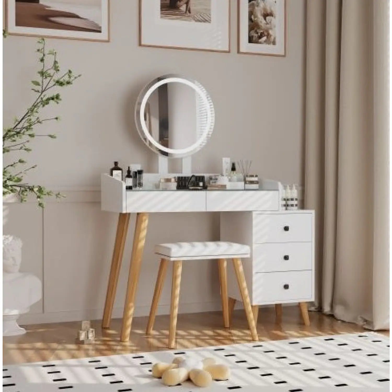 Dressing Table With LED Lights Glass Top Dressing Table With Extendable Side Table 5 Drawers Dressing Table With Mirror