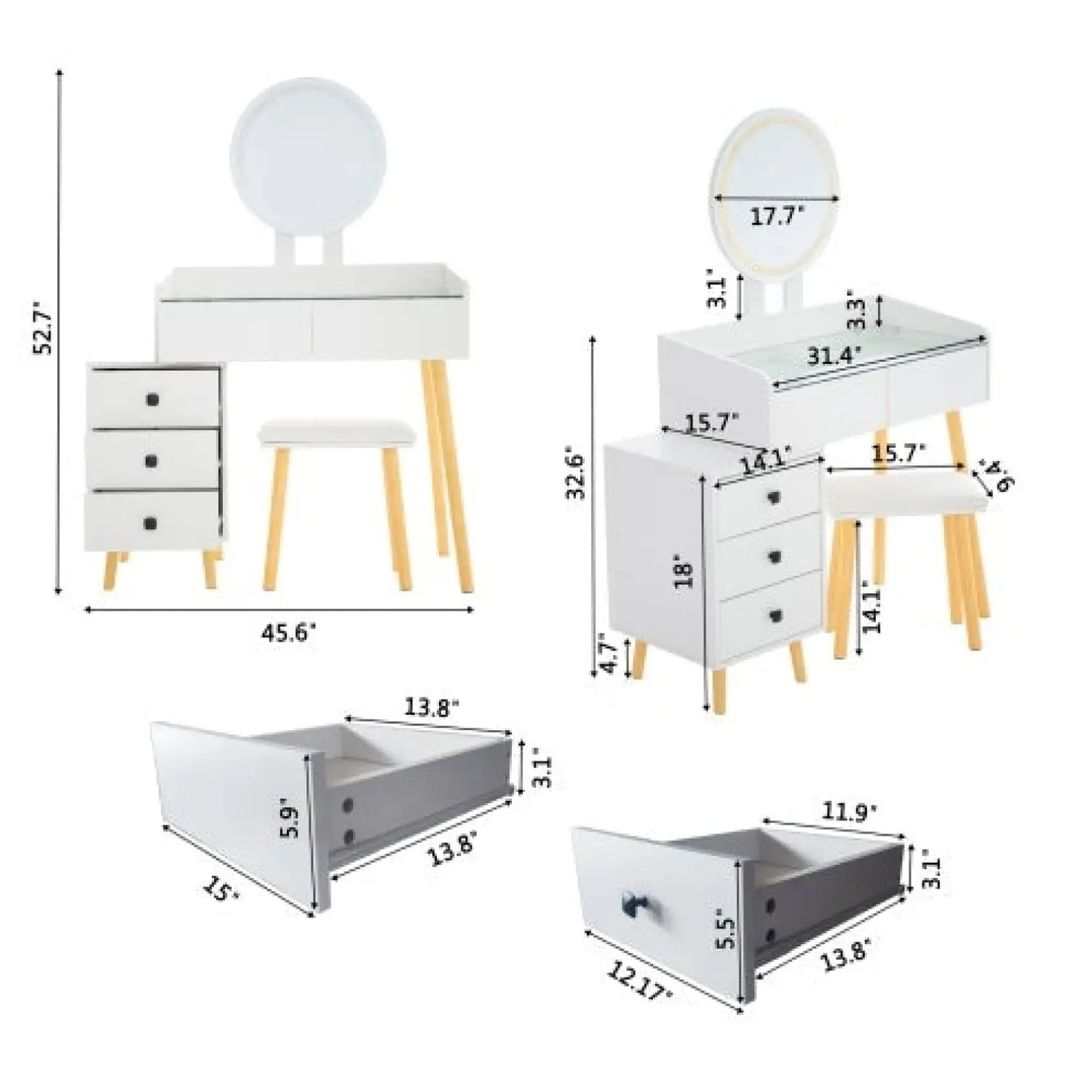 Dressing Table With LED Lights Glass Top Dressing Table With Extendable Side Table 5 Drawers Dressing Table With Mirror