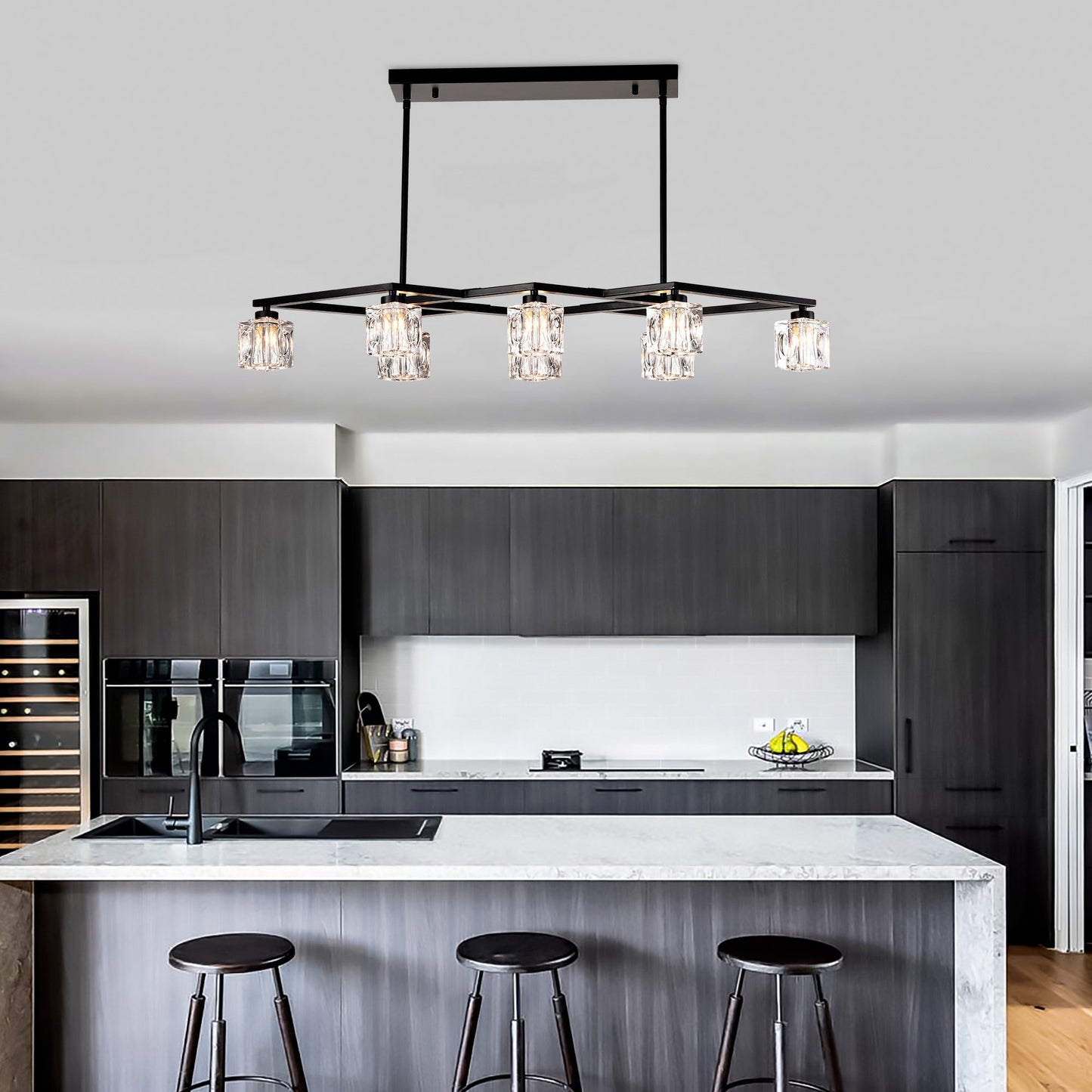 Matte Black Crystal Chandelier For Dining Room 8 Light Kitchen Chandelier Light Fixture Modern Metal Industrial