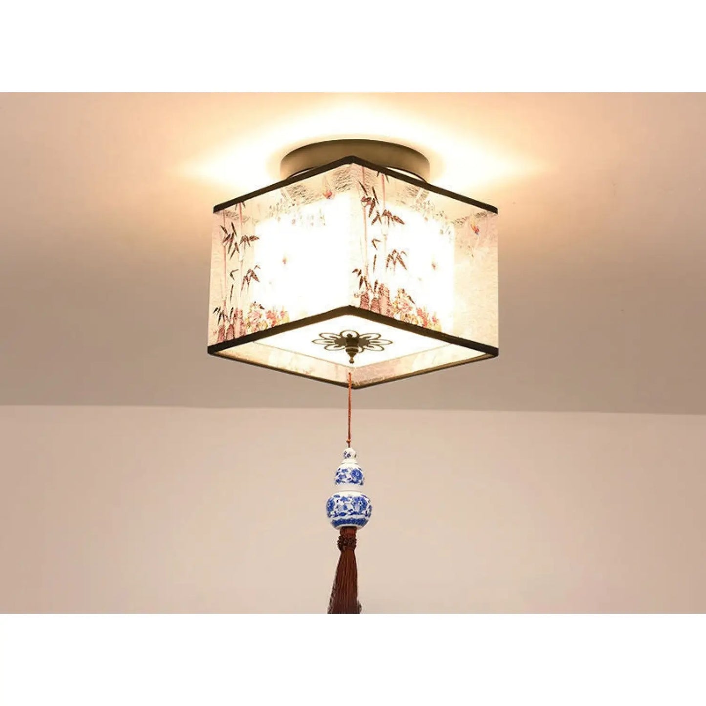 Modern Ceiling Lamp for Living Room with Soft Fabric Shade - Bamboo leaves square tassel / LED warm light - 12V Hanging