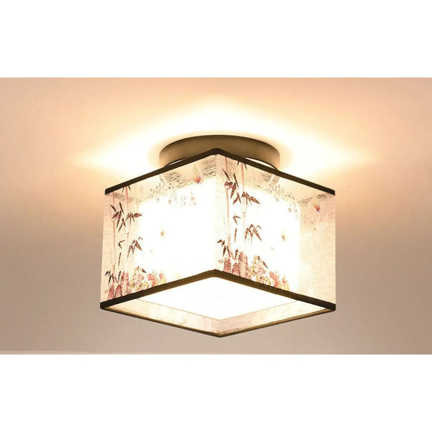 Modern Ceiling Lamp for Living Room with Soft Fabric Shade - Bamboo leaves square / LED warm light - 12V Hanging Light