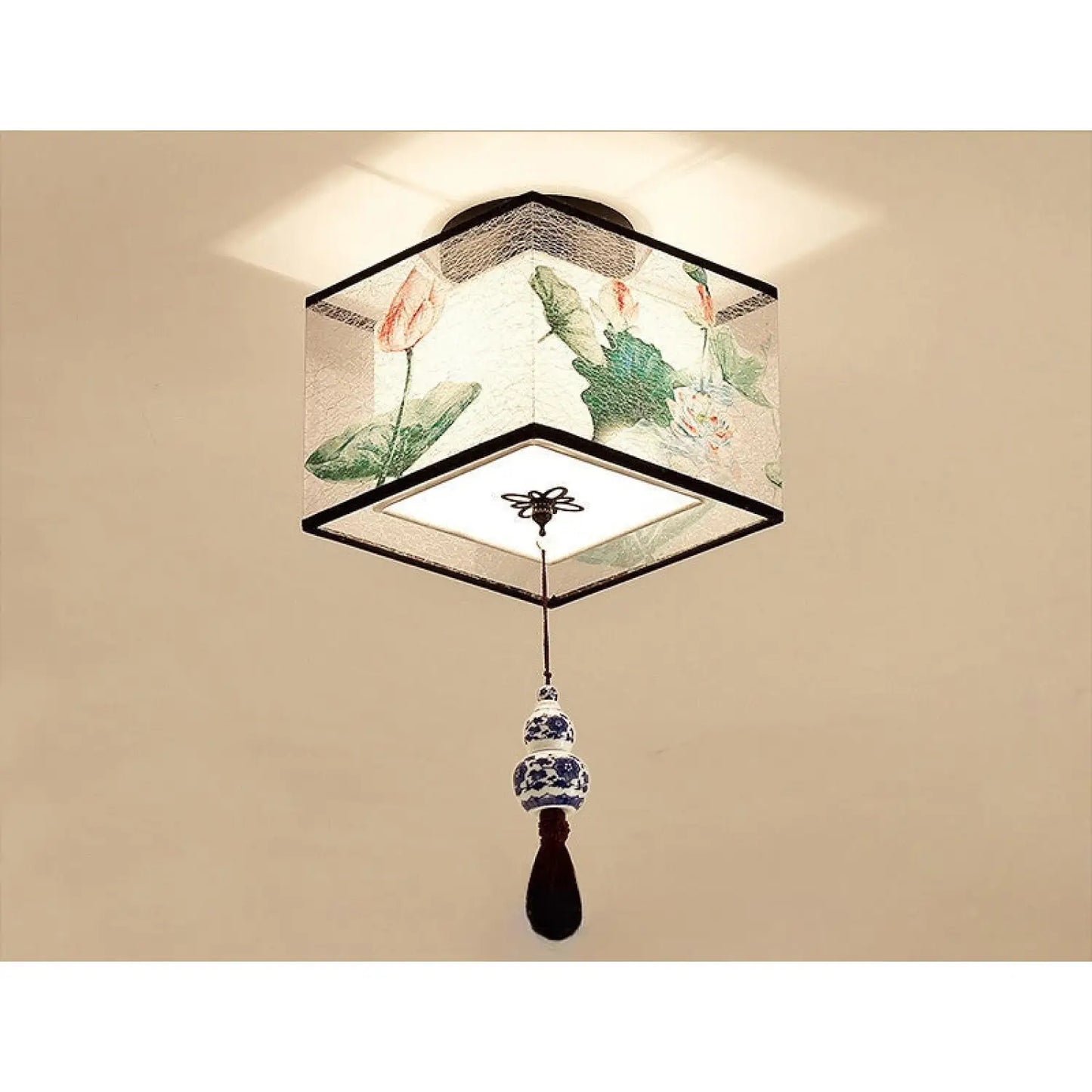 Modern Ceiling Lamp for Living Room with Soft Fabric Shade - Lotus square tassel / LED warm light - 12V Hanging Light