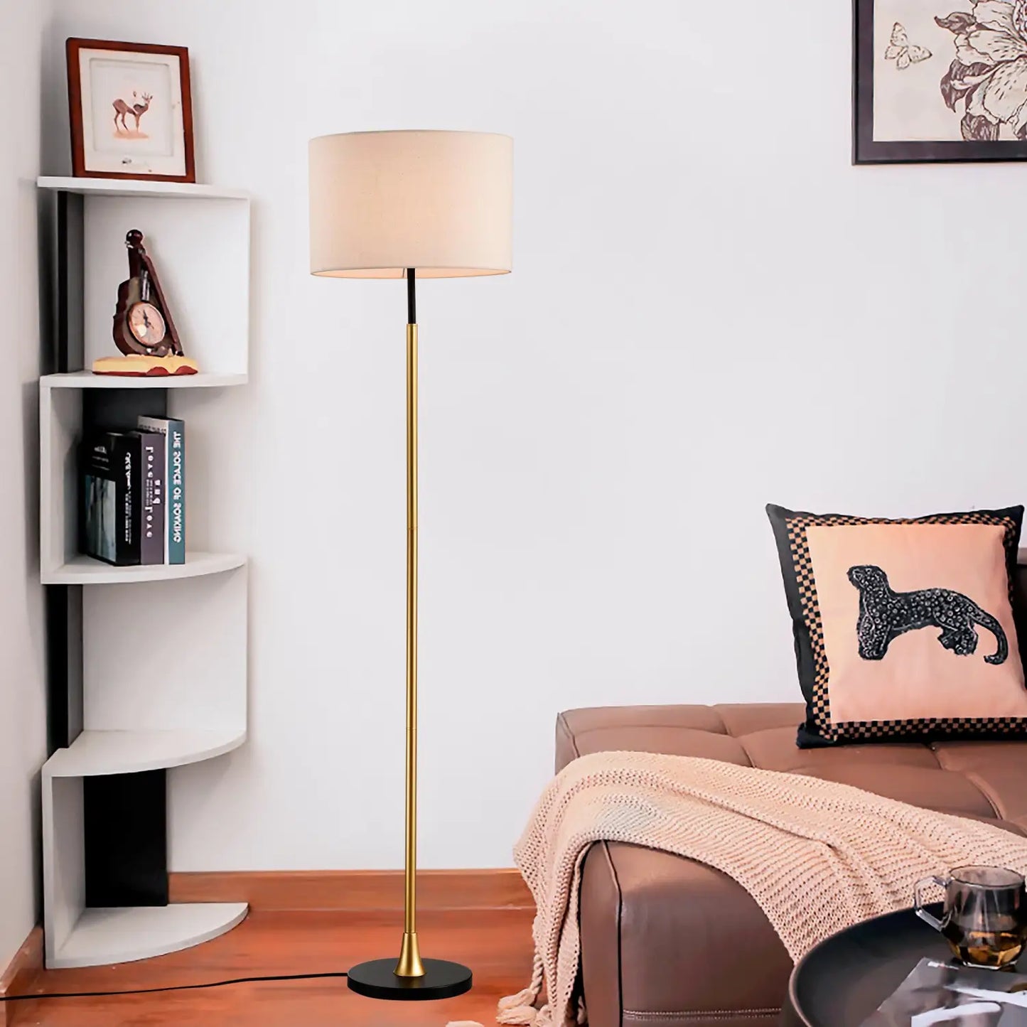 Modern Floor Lamp with Beige Fabric Shade for Living Room & Bedroom Gold Table Lamps