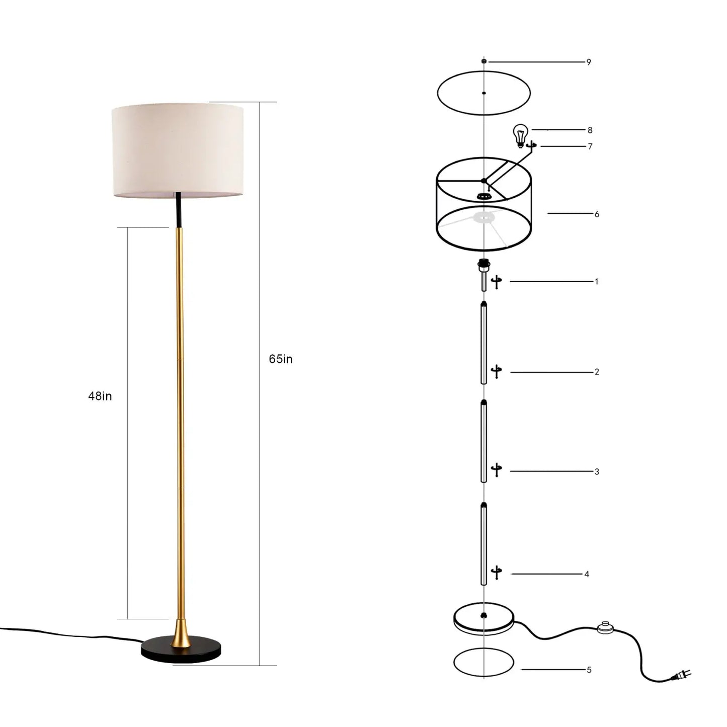 Modern Floor Lamp with Beige Fabric Shade for Living Room & Bedroom Gold Table Lamps