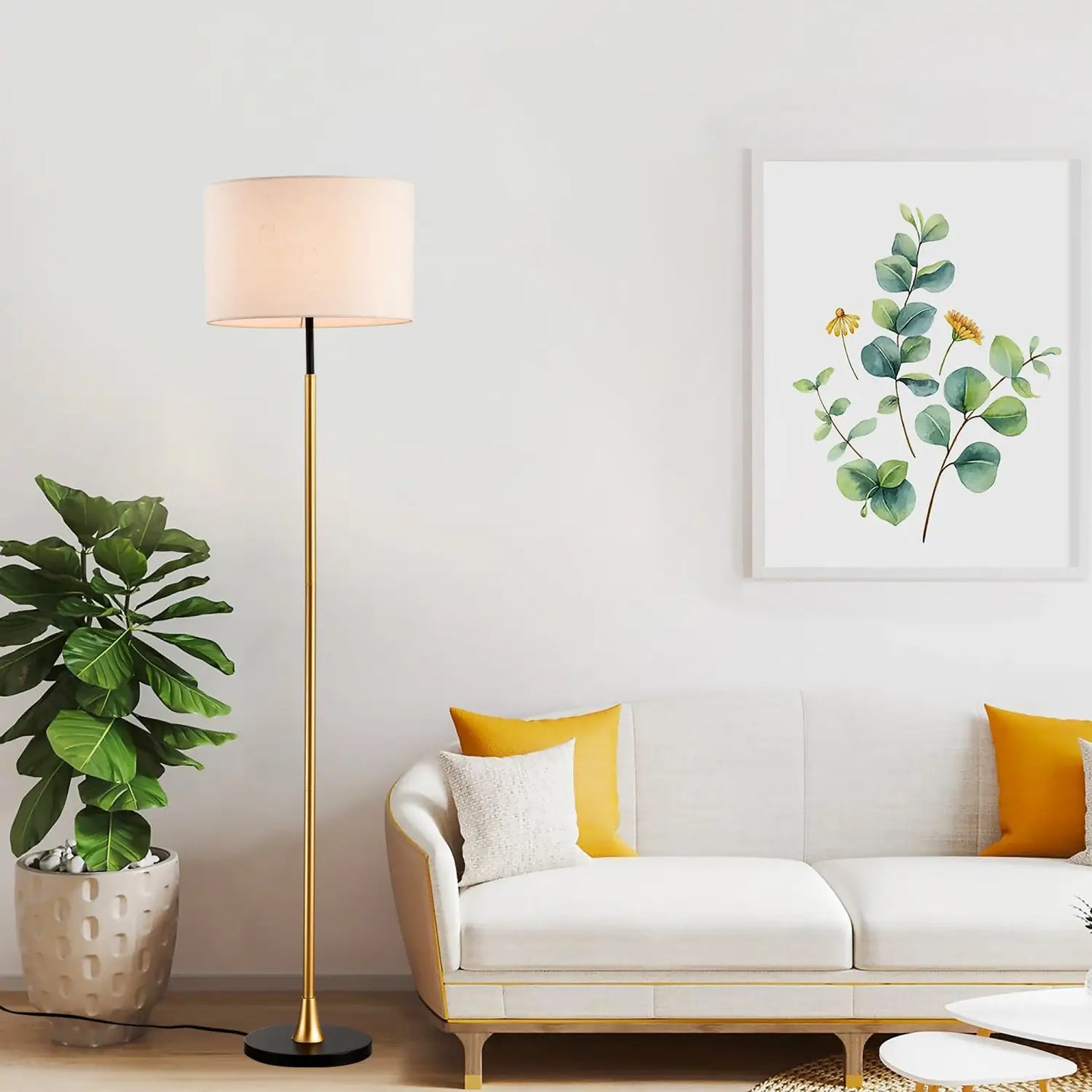 Modern Floor Lamp with Beige Fabric Shade for Living Room & Bedroom Gold Table Lamps