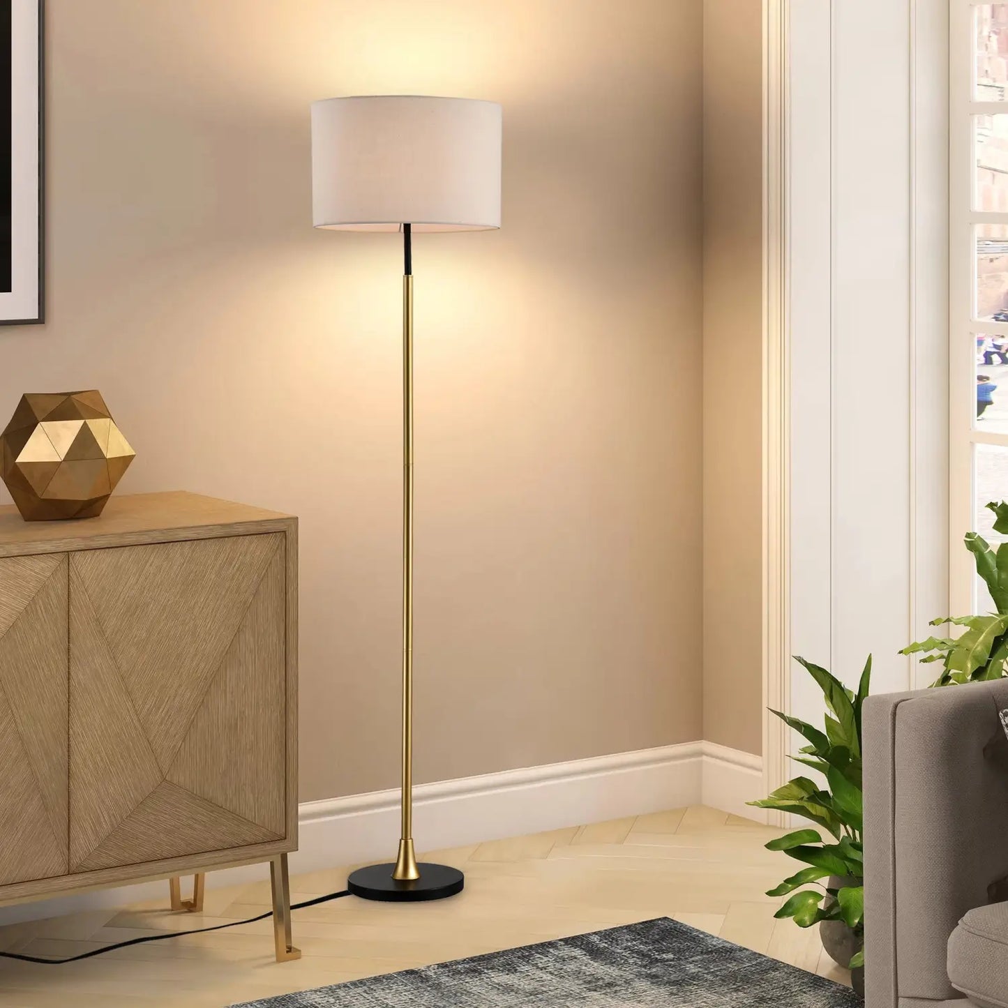 Modern Floor Lamp with Beige Fabric Shade for Living Room & Bedroom Gold Table Lamps