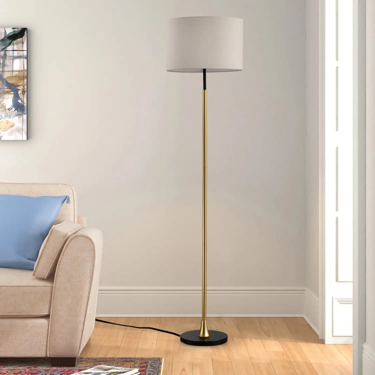 Modern Floor Lamp with Beige Fabric Shade for Living Room & Bedroom Gold Table Lamps