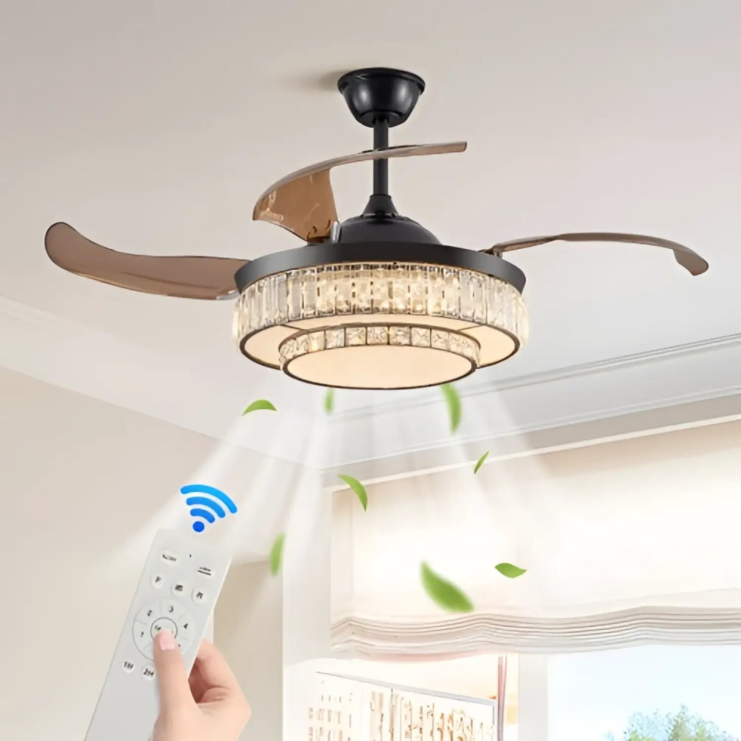 Modern LED Retractable Ceiling Fan With Light And Remote Control Unavailable Platform- Temu - Black - 12V Hanging Light