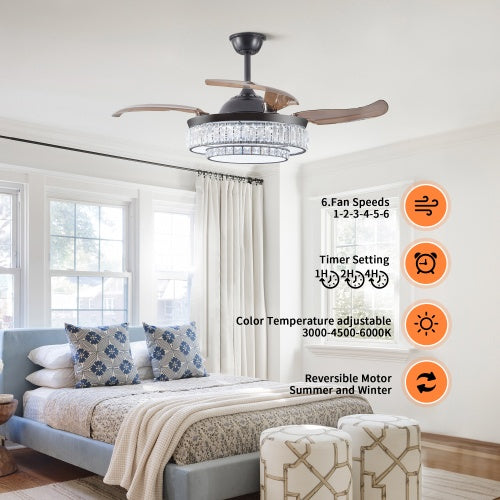 Modern LED Retractable Ceiling Fan With Light And Remote Control Unavailable Platform- Temu - Black - 12V Hanging Light