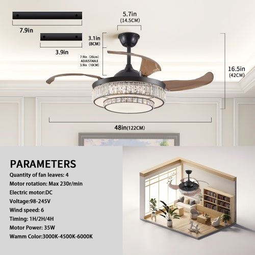 Modern LED Retractable Ceiling Fan With Light And Remote Control Unavailable Platform- Temu - Black - 12V Hanging Light