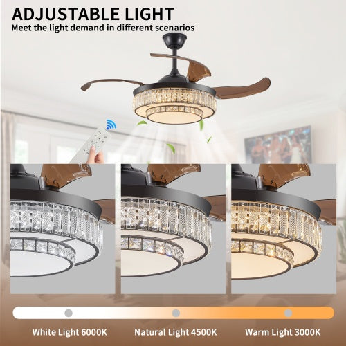 Modern LED Retractable Ceiling Fan With Light And Remote Control Unavailable Platform- Temu - Black - 12V Hanging Light
