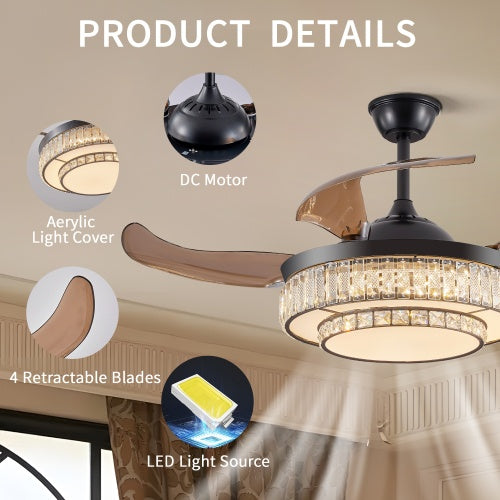 Modern LED Retractable Ceiling Fan With Light And Remote Control Unavailable Platform- Temu - Black - 12V Hanging Light