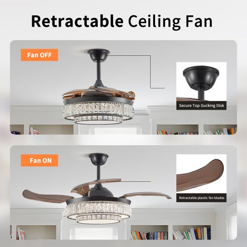 Modern LED Retractable Ceiling Fan With Light And Remote Control Unavailable Platform- Temu - Black - 12V Hanging Light