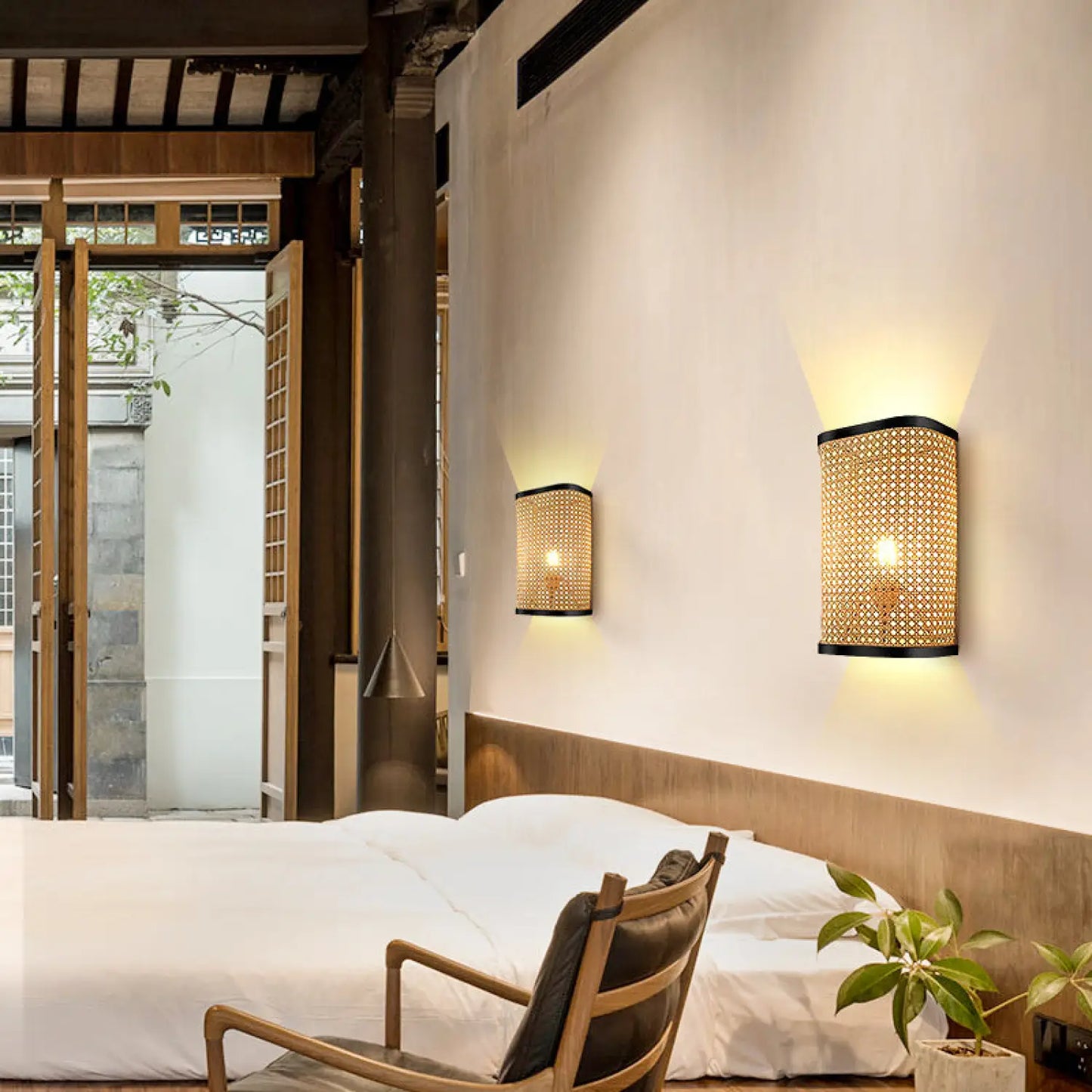 Natural Rattan Wall Lamps for Bedside Aisle & Living Room Lighting - Rattan - 12V Hanging Light