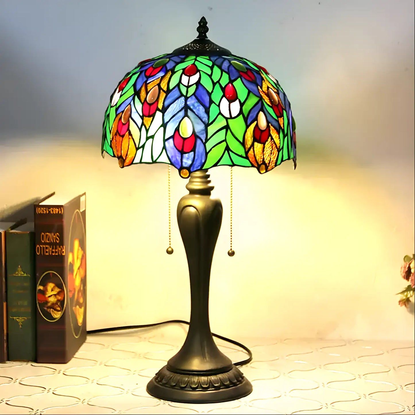 Peacock Antique Tiffany Glass Tabletop Lamp - No Bulb - Table Lamp