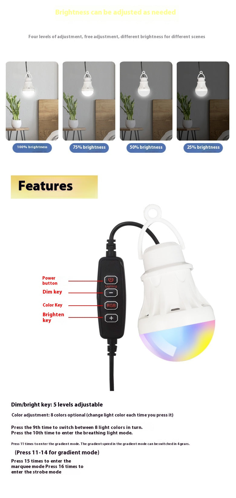 RGB Magic Color 5V Mobile Power Bulb Low Voltage Led - USB Magic Light Bulb - 12V Hanging Light