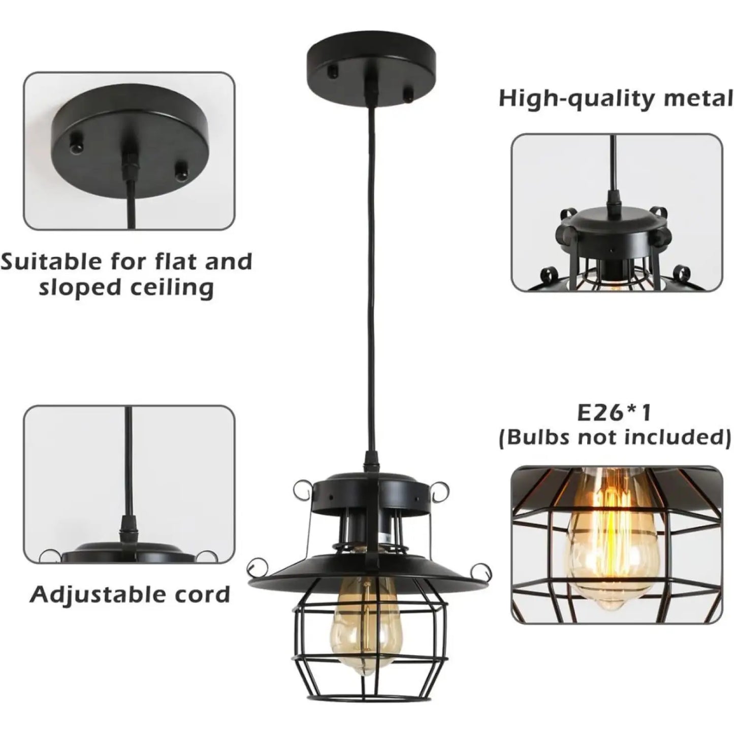 Rustic Black Pendant Light for Island with Adjustable Cage Design - Black - Hanging Light
