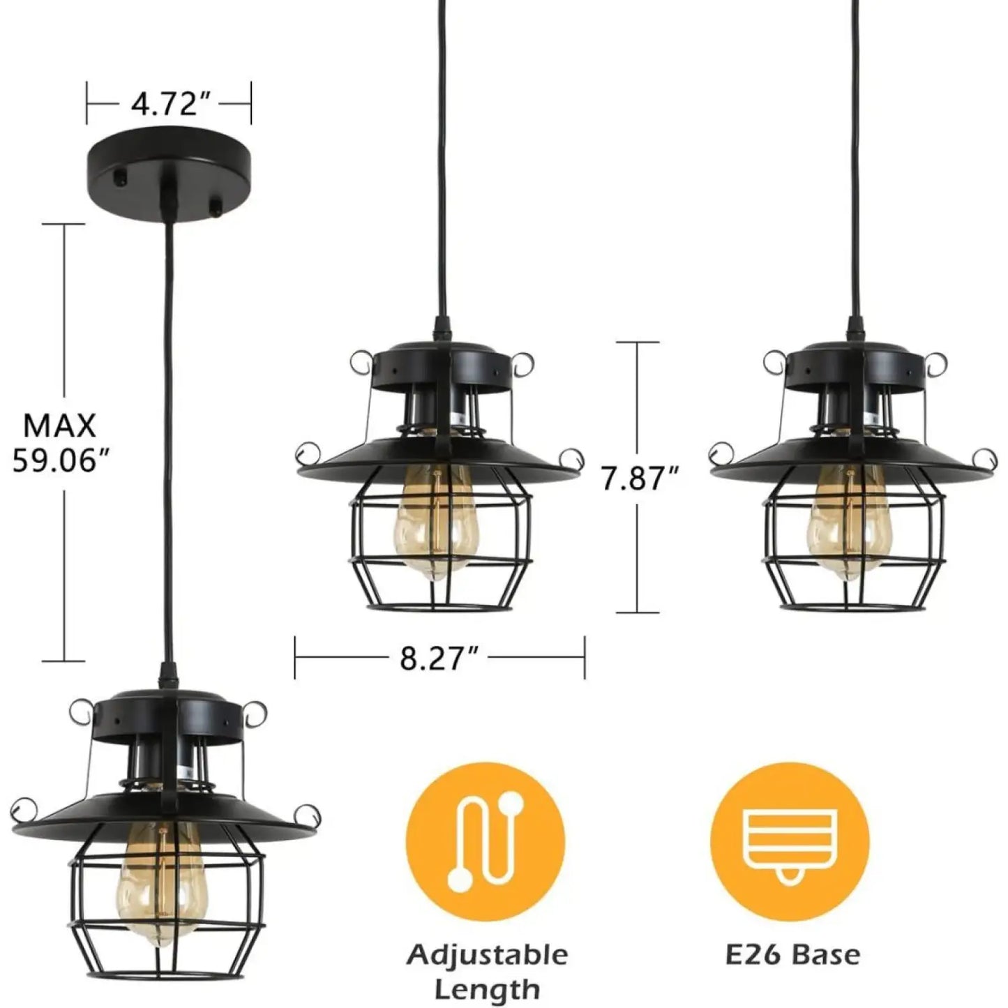 Rustic Black Pendant Light for Island with Adjustable Cage Design - Black - Hanging Light
