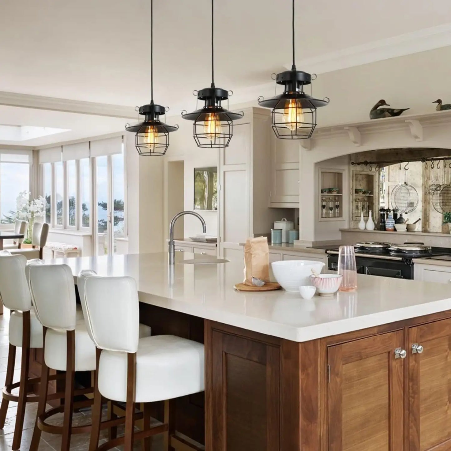 Rustic Black Pendant Light for Island with Adjustable Cage Design - Black - Hanging Light