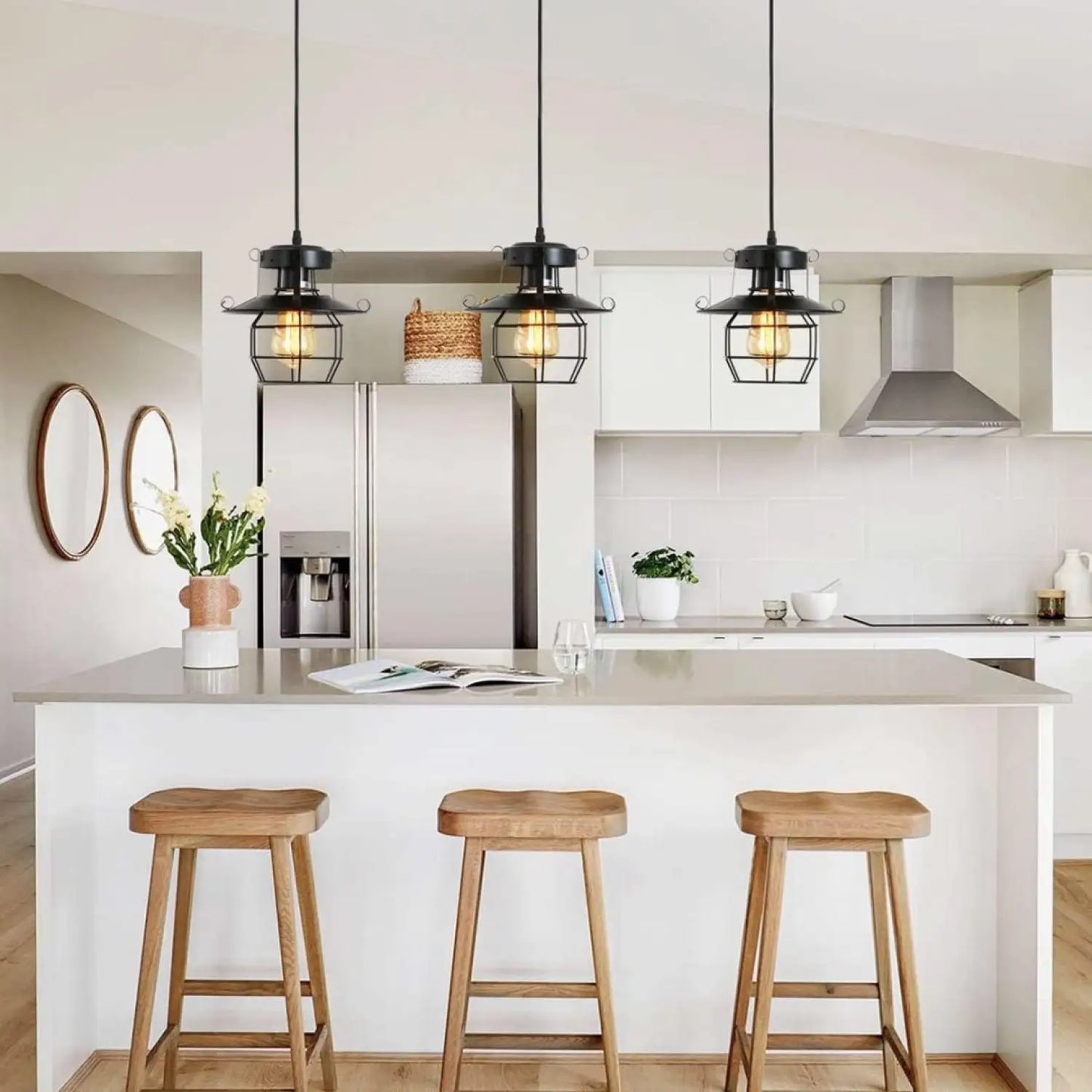 Rustic Black Pendant Light for Island with Adjustable Cage Design - Black - Hanging Light