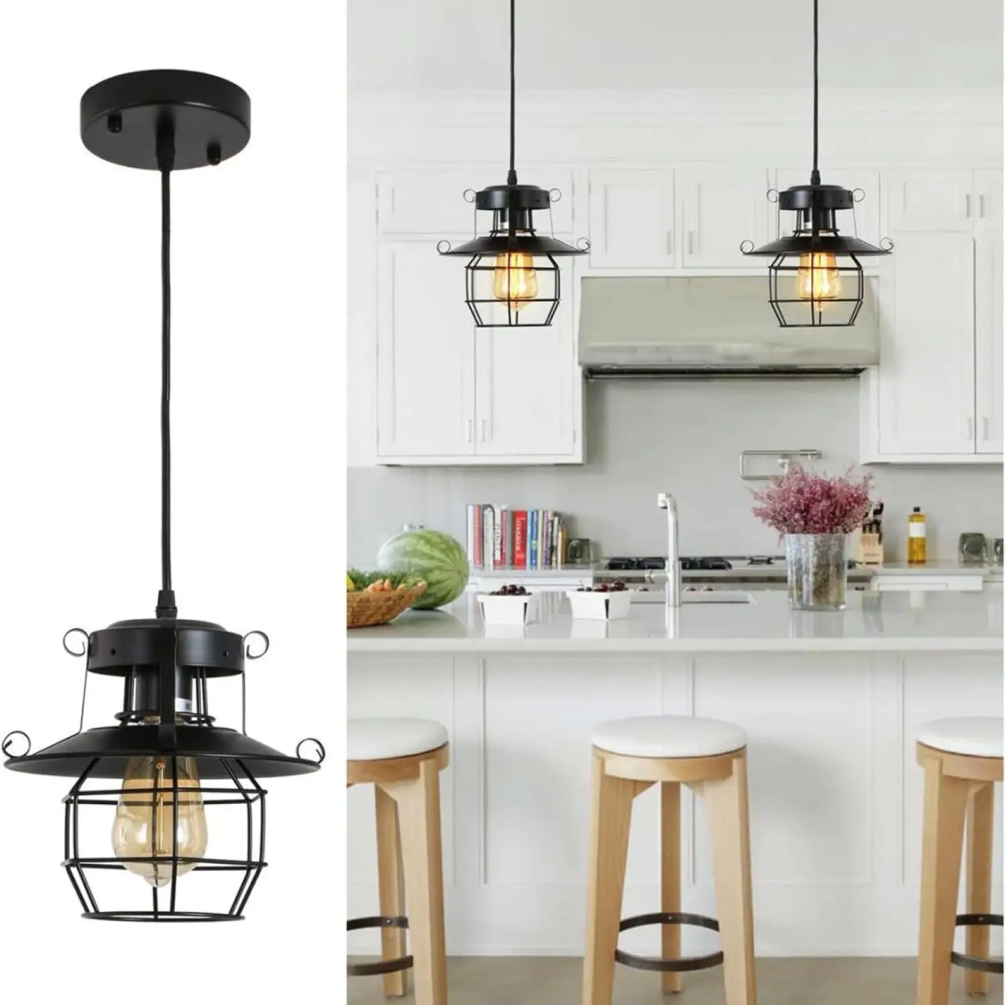Rustic Black Pendant Light for Island with Adjustable Cage Design - Black - Hanging Light