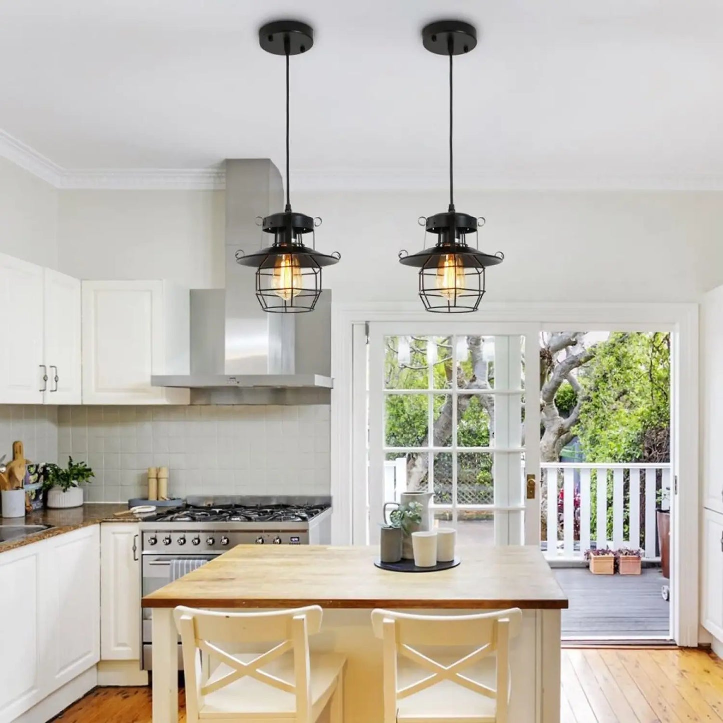 Rustic Black Pendant Light for Island with Adjustable Cage Design - Black - Hanging Light