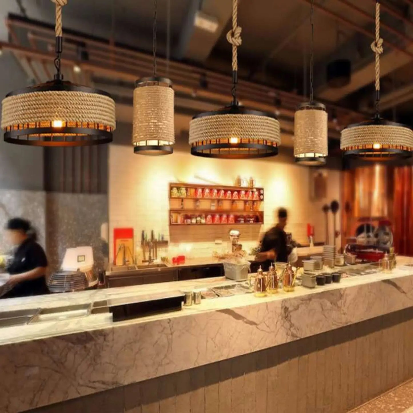 American Country Hemp Rope Restaurant Chandelier Personality Nordic Clothing Store Milk Tea Shop Round Wrought Iron LED