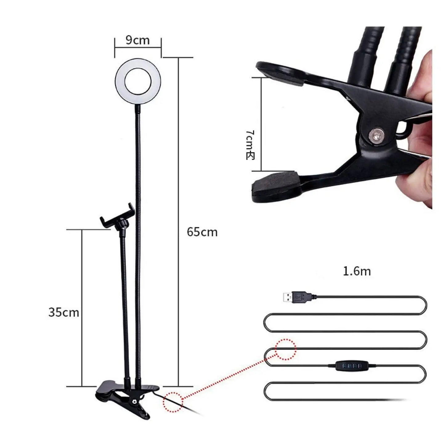 Selfie Ring Light with Adjustable Stand of 8 CM for Makeup and Live Streaming - Black - Light Fixture