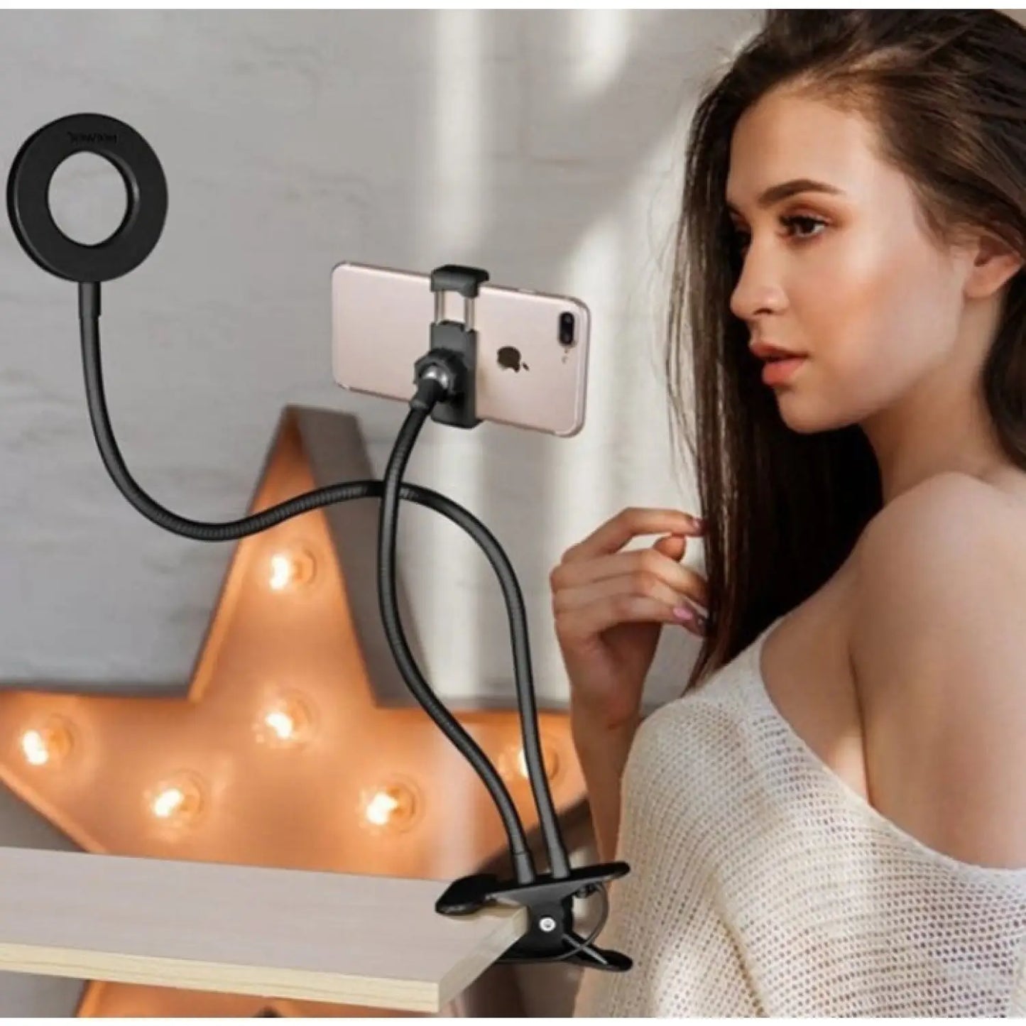 Selfie Ring Light with Adjustable Stand of 8 CM for Makeup and Live Streaming - Black - Light Fixture