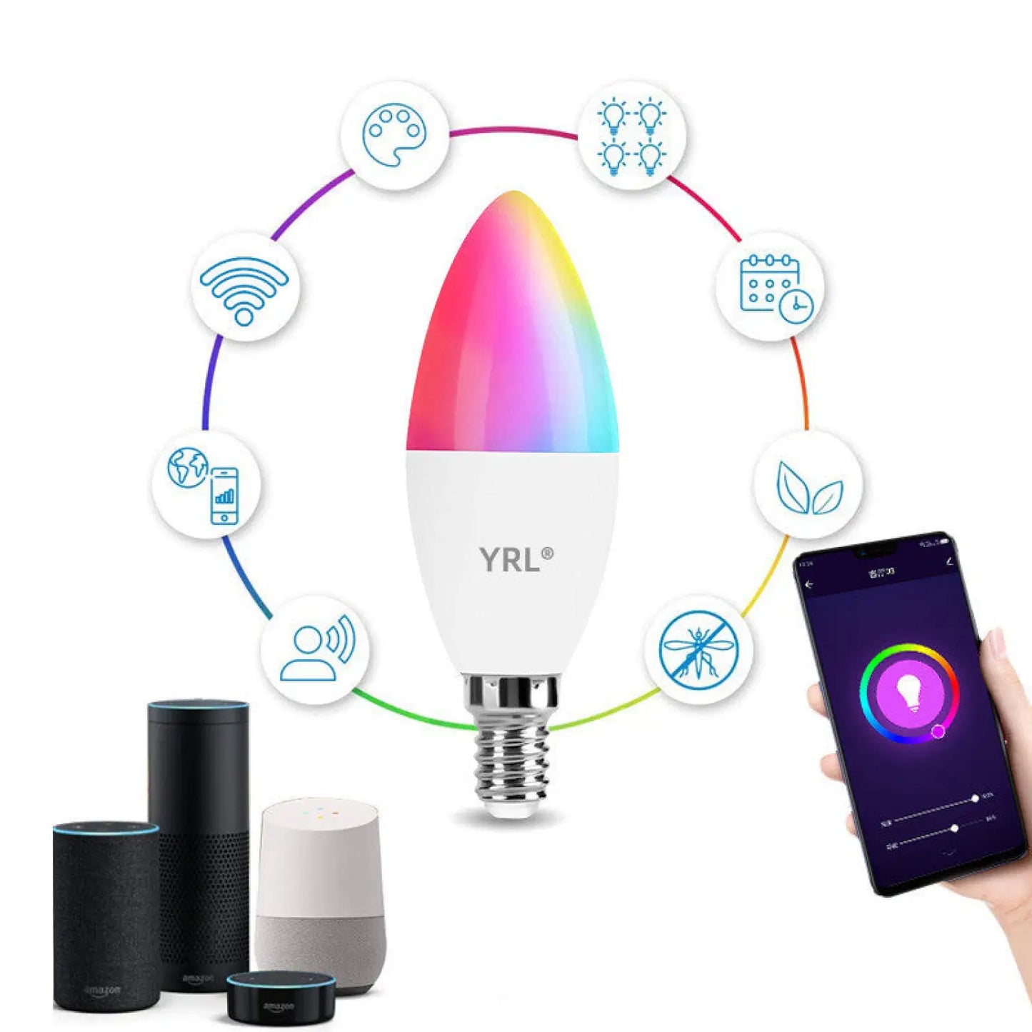 Smart LED Lamps | E14 RGB CW WW Dimmable Bulb with Voice Control - Photo Color / RGB / 220V US - LED bulb