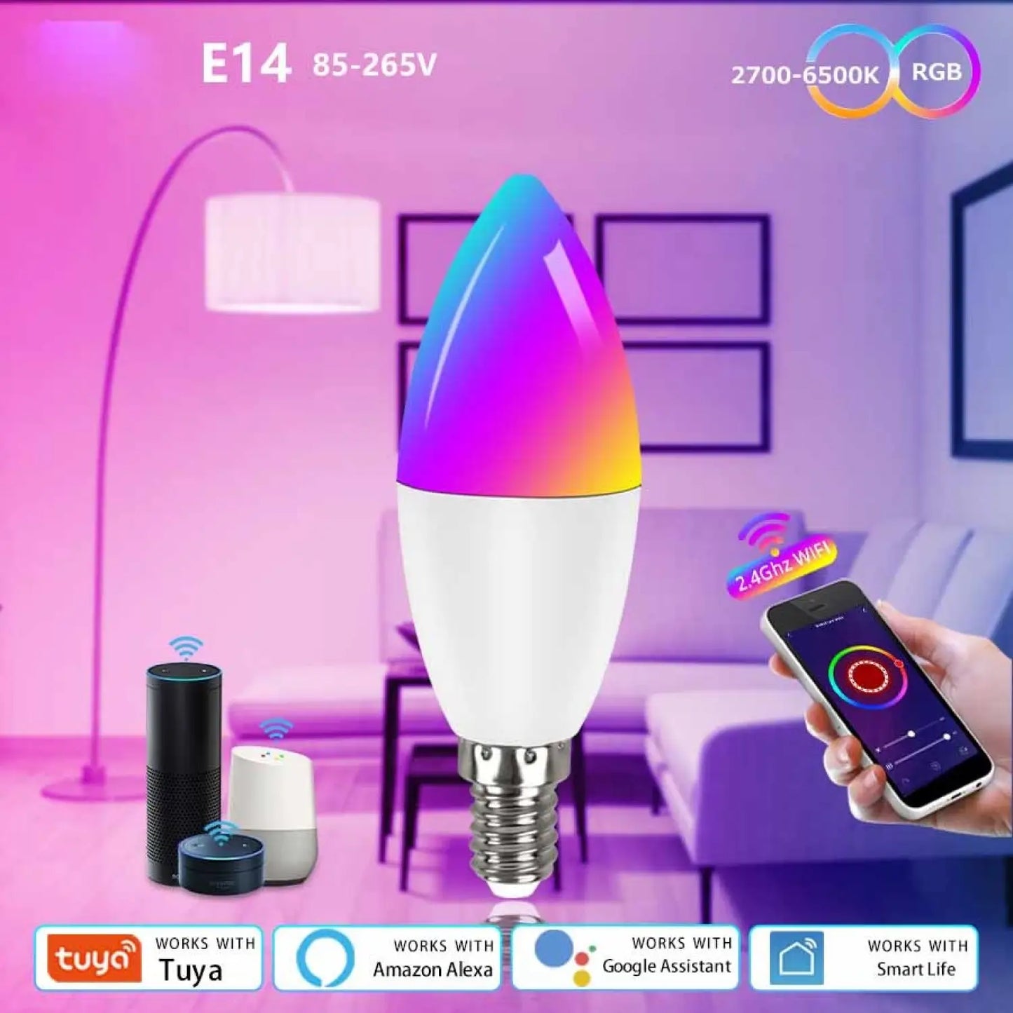 Smart LED Lamps | E14 RGB CW WW Dimmable Bulb with Voice Control - Photo Color / RGB / 220V US - LED bulb