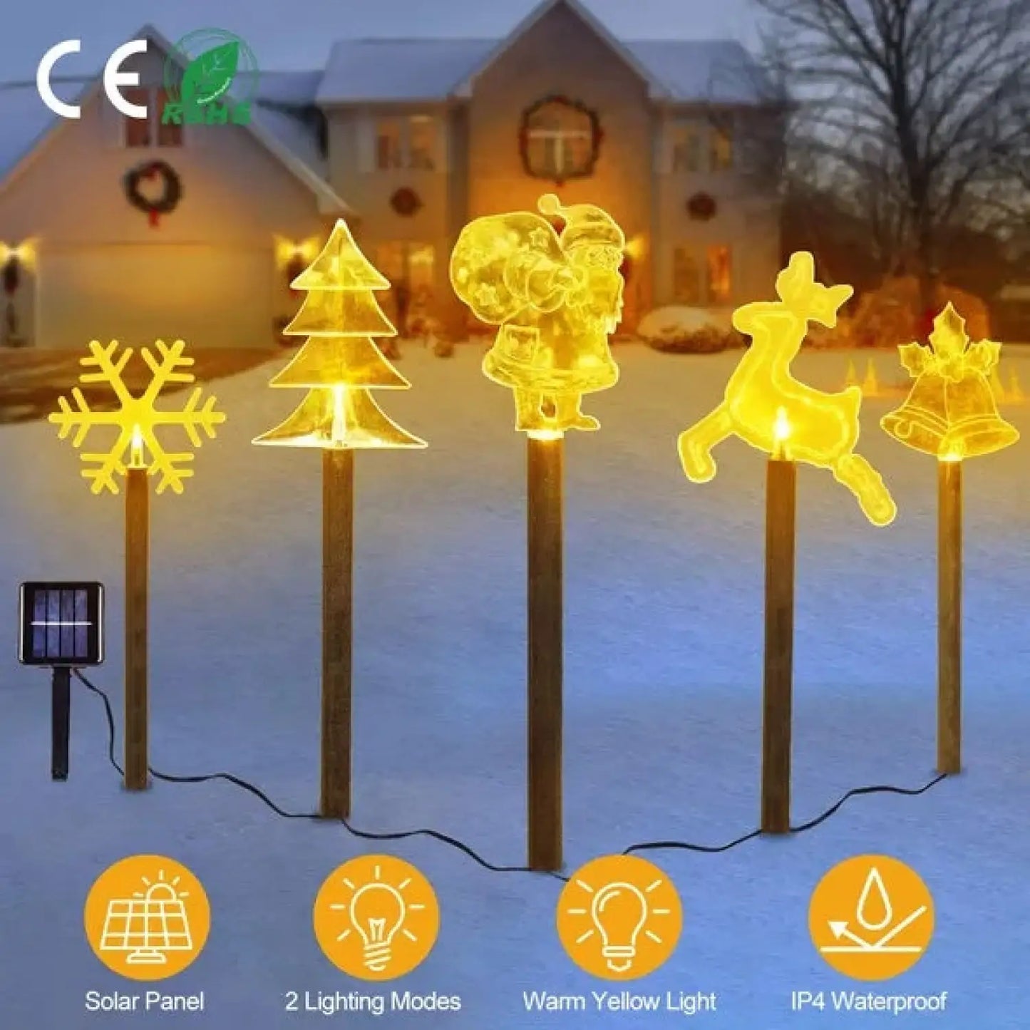 5Pcs Mixed Christmas Decoration Light Solar Stake Light Waterproof Reindeer Snowflake Bell Christmas Tree Santa Claus