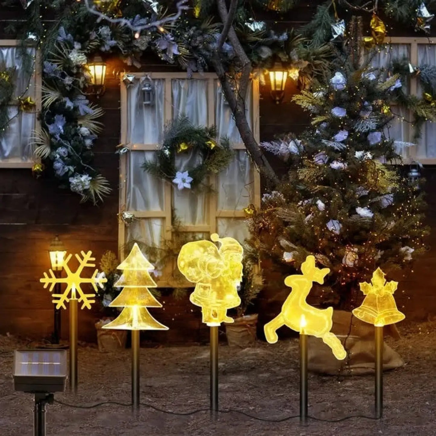 5Pcs Mixed Christmas Decoration Light Solar Stake Light Waterproof Reindeer Snowflake Bell Christmas Tree Santa Claus